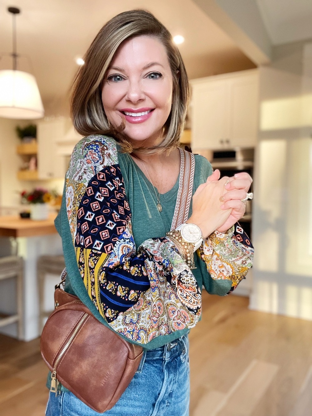 Beyove Green Long-Sleeve Knit Top with Printed Balloon SleevesNWT